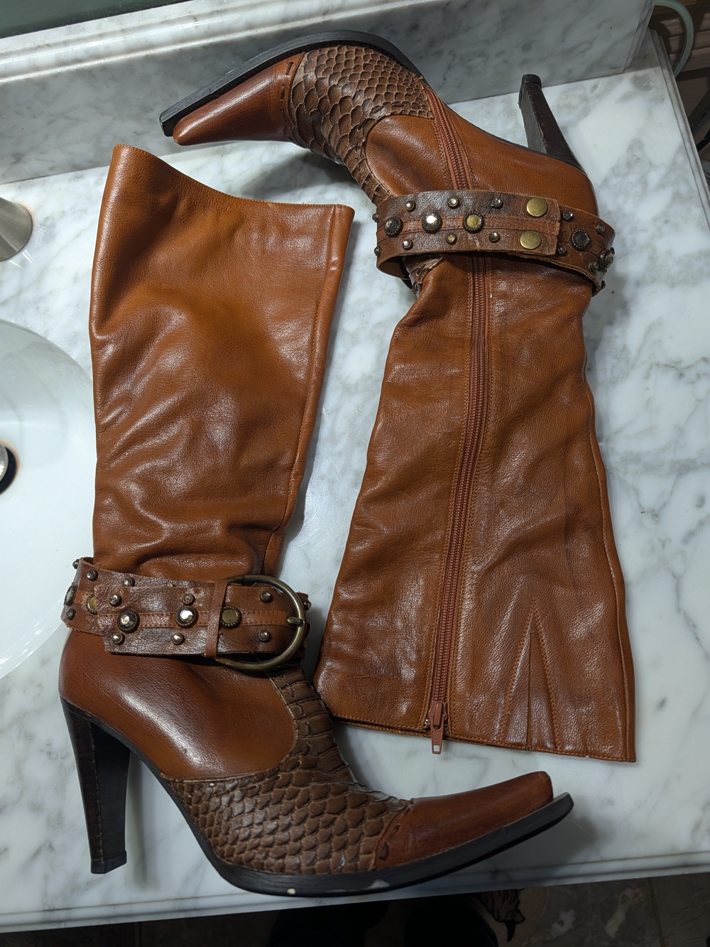 Dollhouse Cognac Brown Snakeskin-Texture Knee Boots with Studded Strap